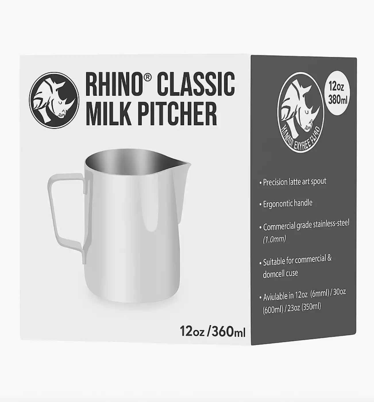 Rhino Classic Milk Pitcher aus Edelstahl, 360 ml, für Latte Art